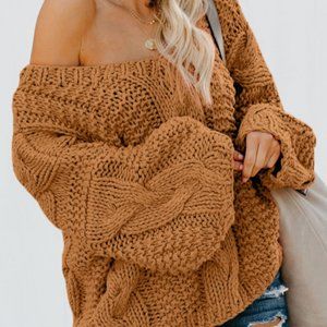 Rust V-Neck Braided Knit Sweater